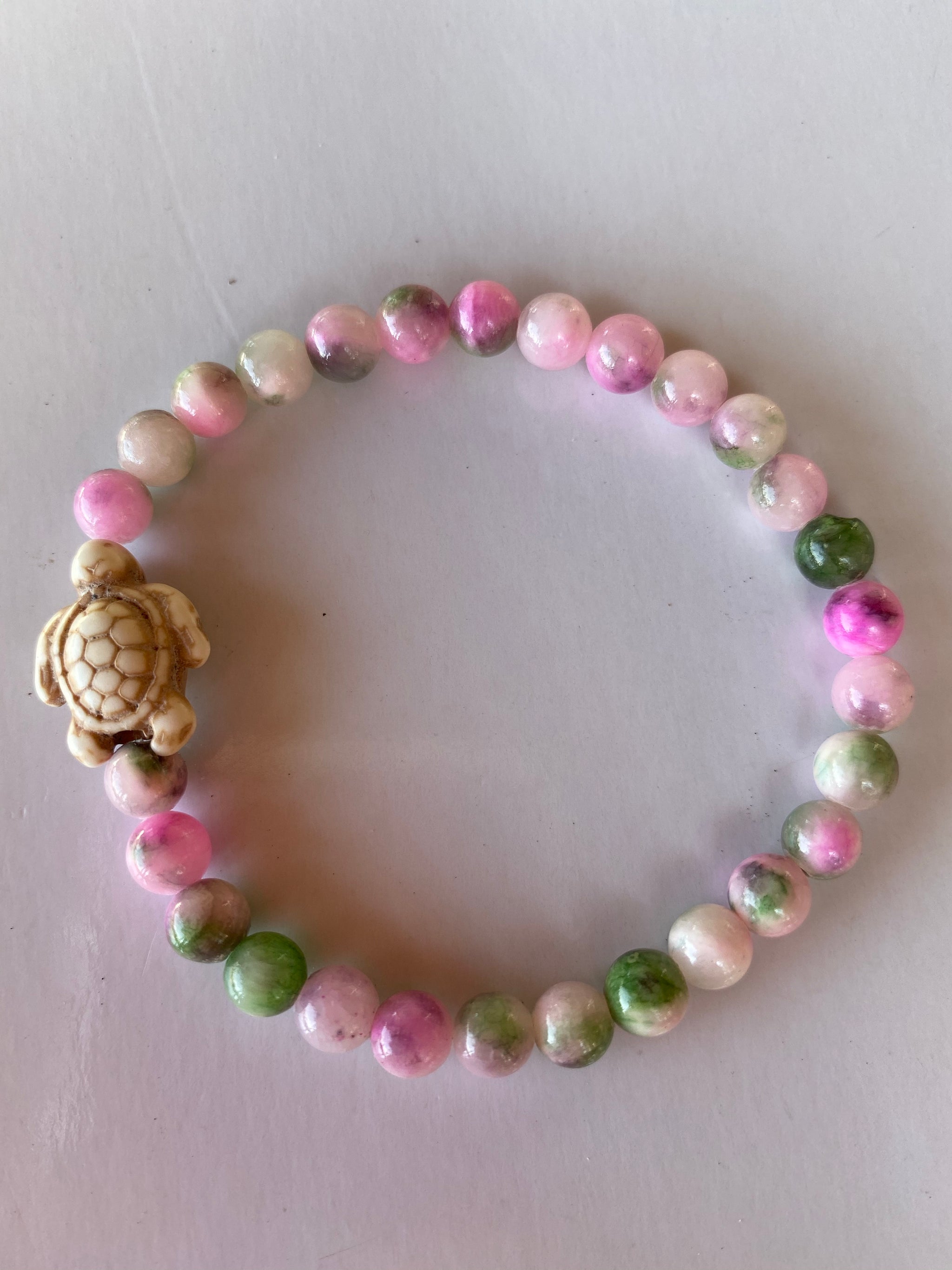 Sea Turtle Iridescent Bracelet Moonstone Beads Pink Ceramic 
